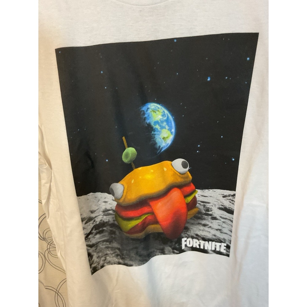 Adult T-Shirt Fortnite Durr Burger Video Game Burger Space White Size Large